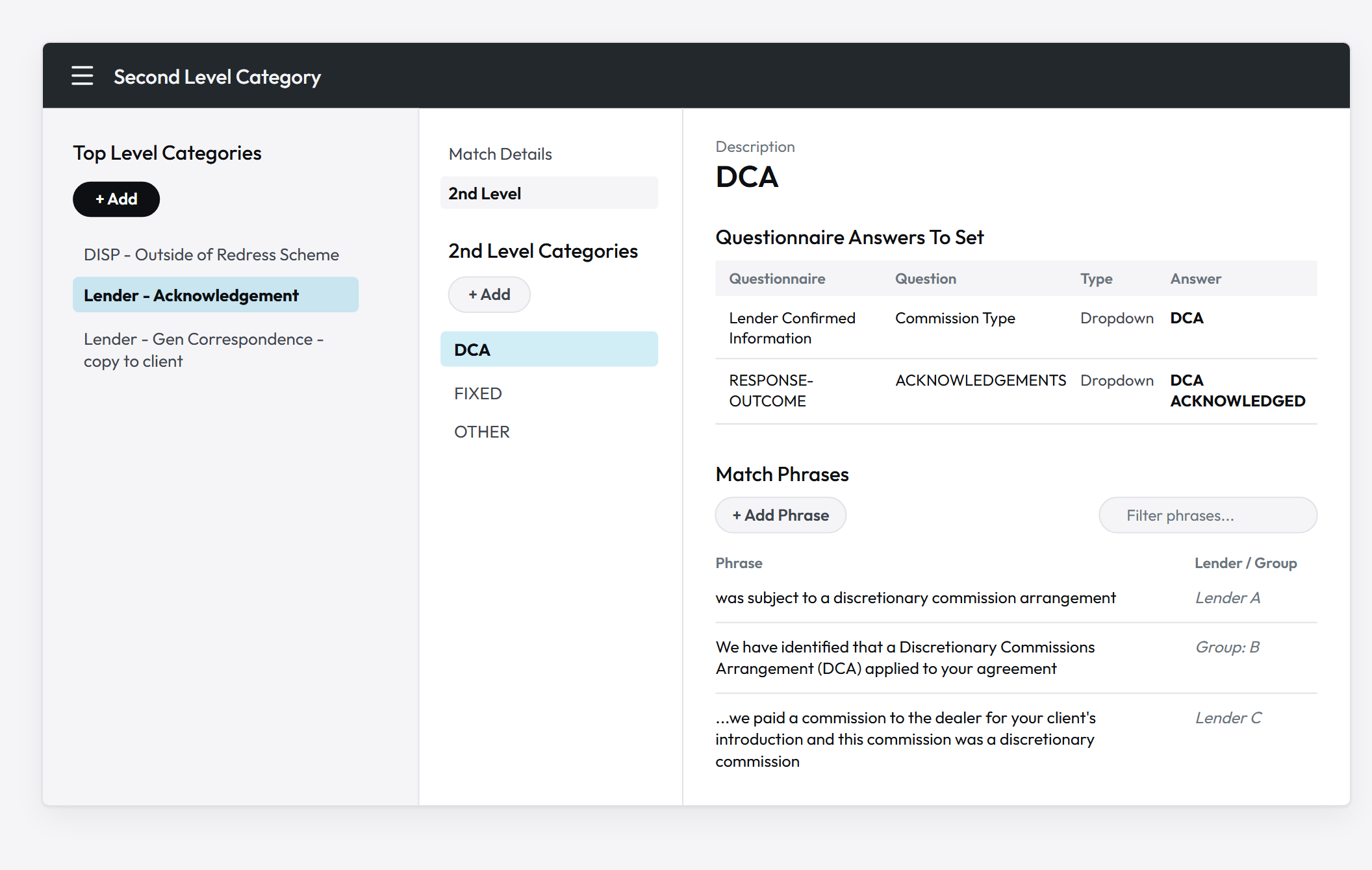 The category configuration screen: top level categories, second level outcomes, the questionnaire answers each outcome sets on the claim, and lender-scoped match phrases.