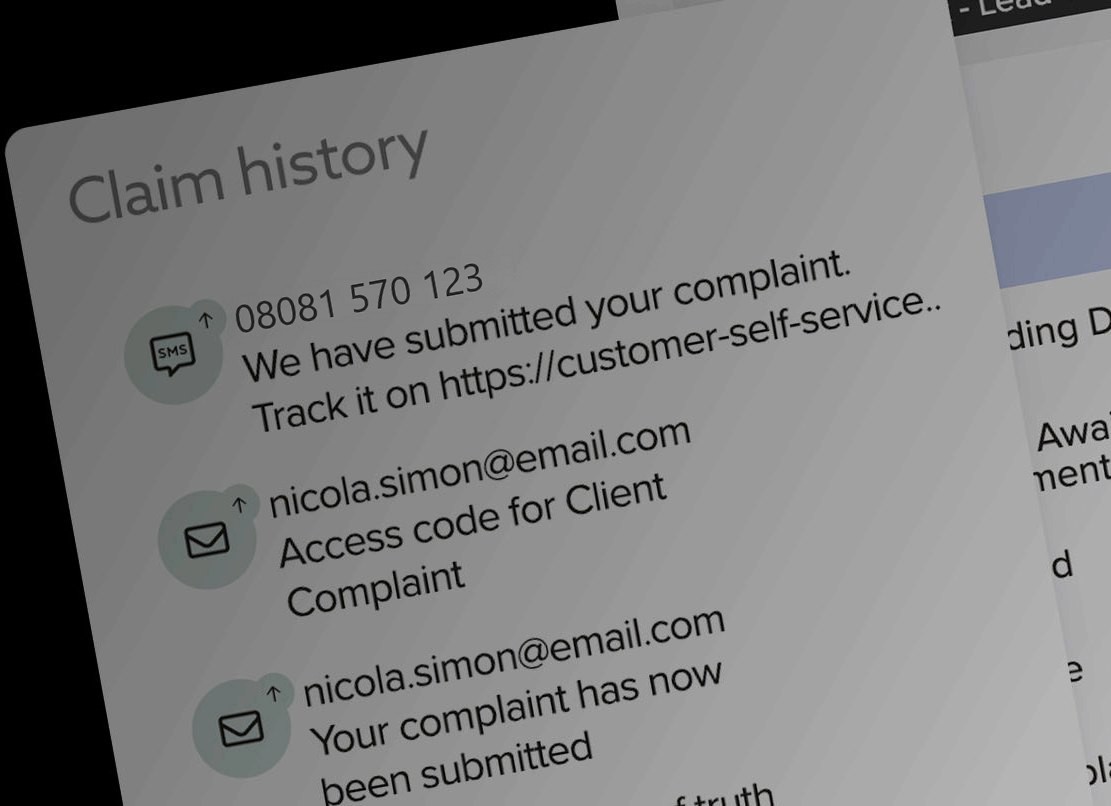 LogiClaim claim history showing an SMS and two emails sent to a client when their complaint was submitted
