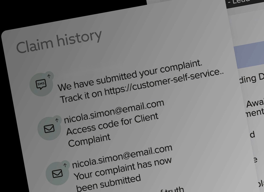 LogiClaim claim history showing an SMS and two emails sent to a client when their complaint was submitted