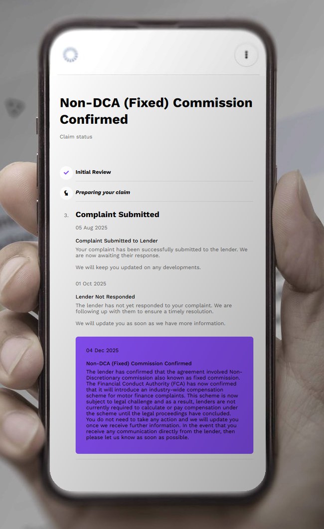The LogiClaim client portal on a phone, showing a claim's status updates from complaint submitted to the lender's response