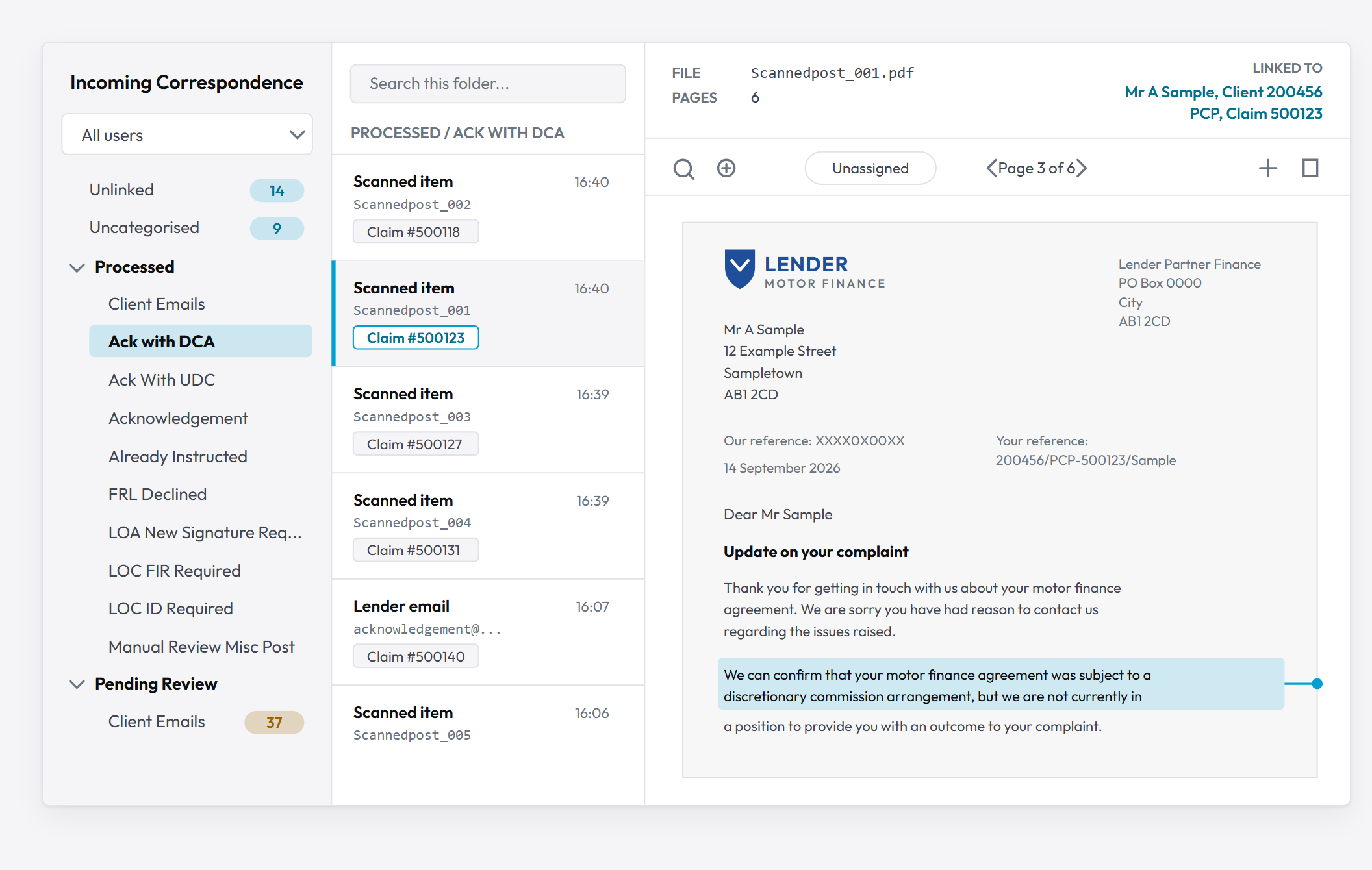 The incoming correspondence workspace in LogiClaim: queues on the left, items linked to claims in the middle, and the lender letter with the matched phrase highlighted on the right.