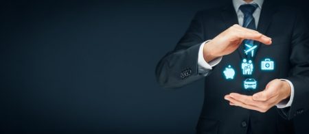 Insurance concept. Businessman with protective gesture and insurance icons: car, travel, family and life, financial and health insurance.